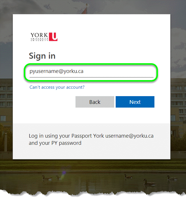 An image showing the O365 portal screen, showing the user to input their credentials in the following format pyusername@yorku.ca