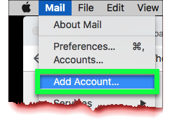 An image prompting users to select "Add Account" from the "Mail" dropdown